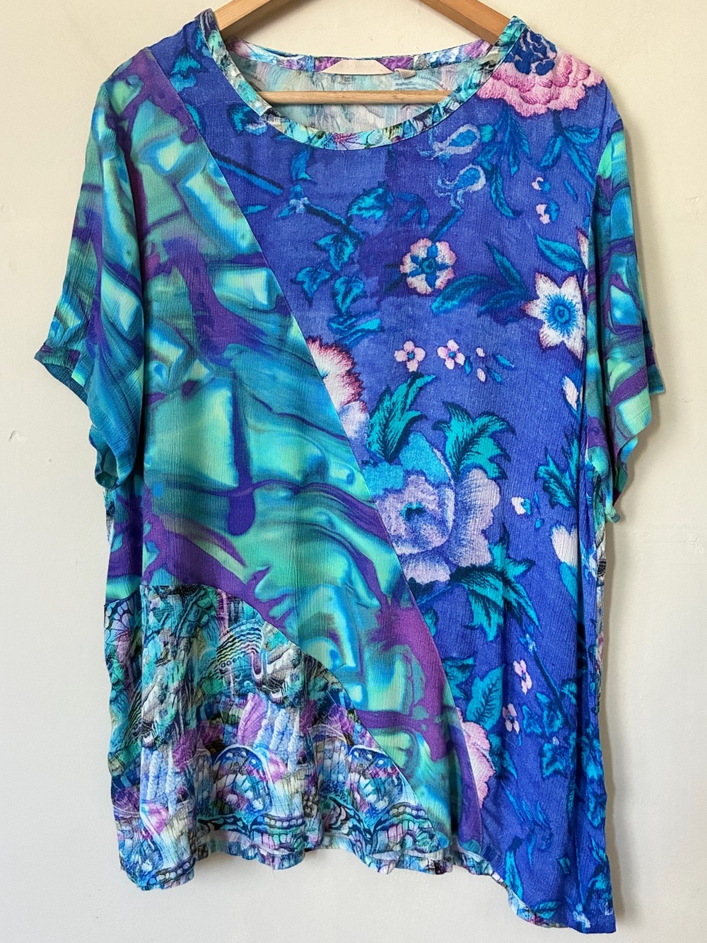 Soft Surroundings Blue Floral Patchwork Fairycore Viscose Top 1X Casual